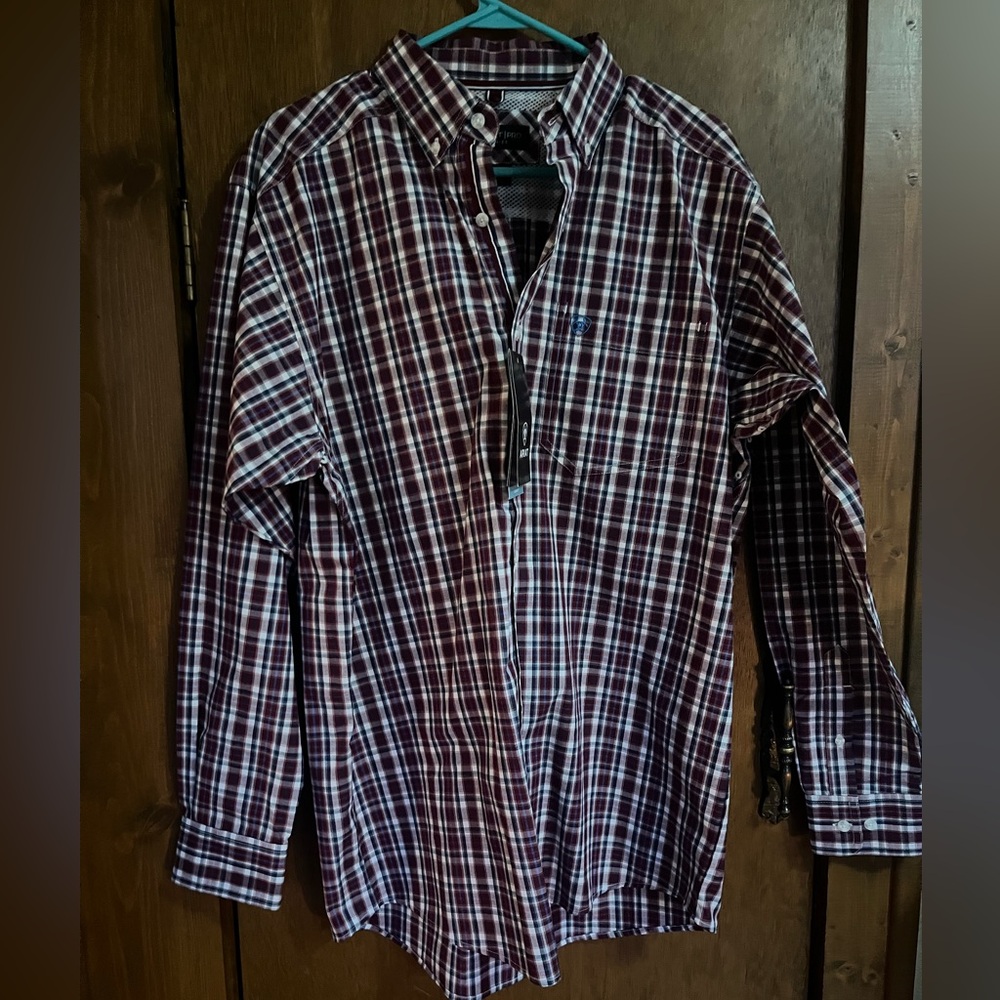 Ariat Men's Burgundy and White Plaid Shirt